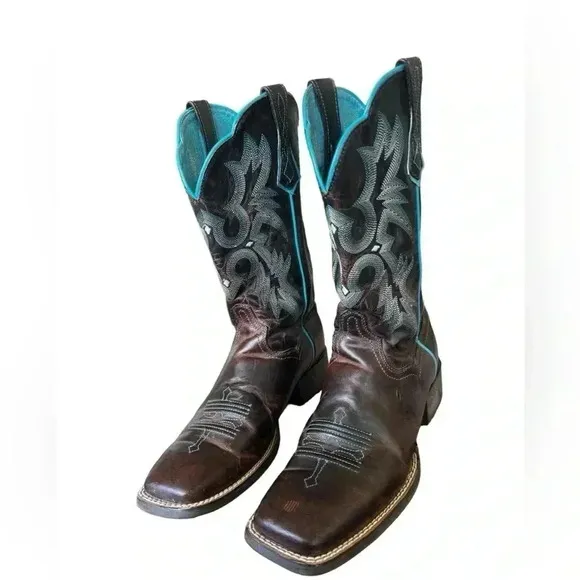 Ariat Tombstone Brown Teal Leather Western Cowgirl Boots Women Square Toe