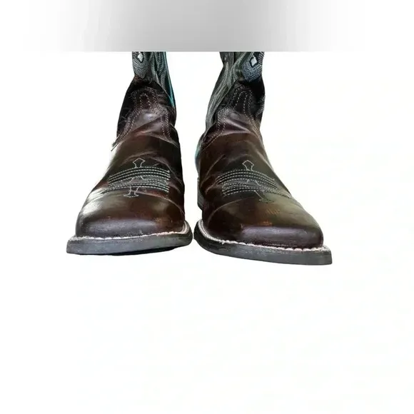 Ariat Tombstone Brown Teal Leather Western Cowgirl Boots Women Square Toe