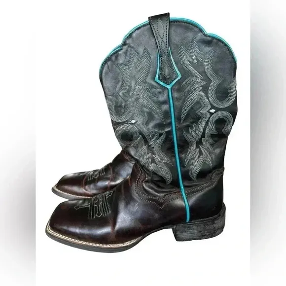 Ariat Tombstone Brown Teal Leather Western Cowgirl Boots Women Square Toe