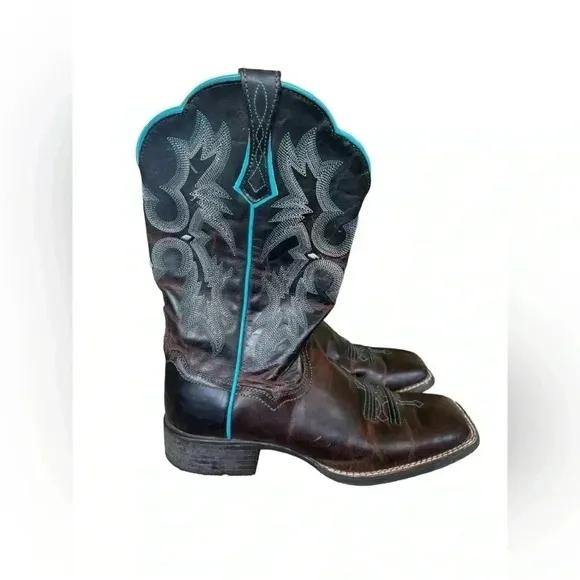 Ariat Tombstone Brown Teal Leather Western Cowgirl Boots Women Square Toe