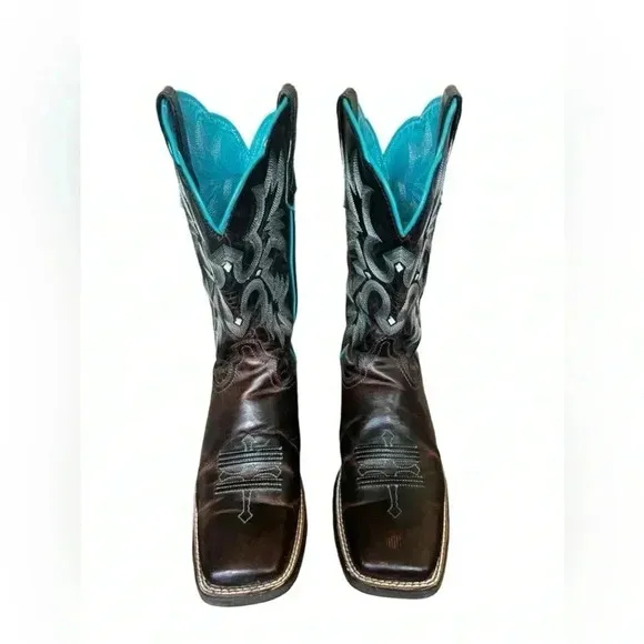 Ariat Tombstone Brown Teal Leather Western Cowgirl Boots Women Square Toe