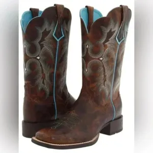 Ariat Tombstone Brown Teal Leather Western Cowgirl Boots Women Square Toe