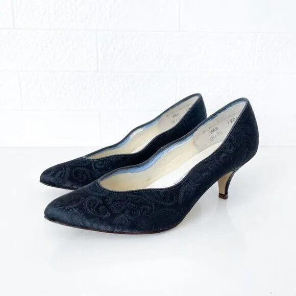 Arnold Churgin Womens Paisley Satin Pointed Toe Heeled Pump Shoes Black Size 5.5