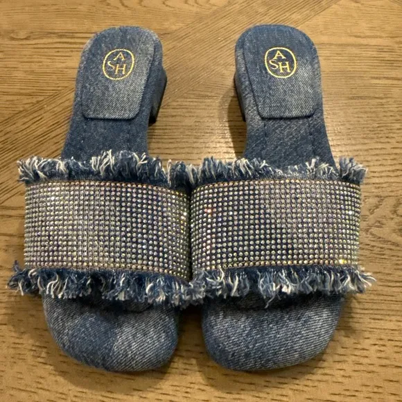 ASH women shoes Blue denim fabric Maui open toe mule frayed edges heel 9