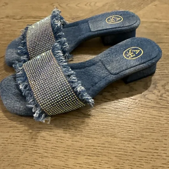 ASH women shoes Blue denim fabric Maui open toe mule frayed edges heel 9
