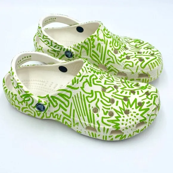 Astroboy by Ohya CROCS Slip-On Clog Sandals White Green Print Women 8-9, Men 6-7