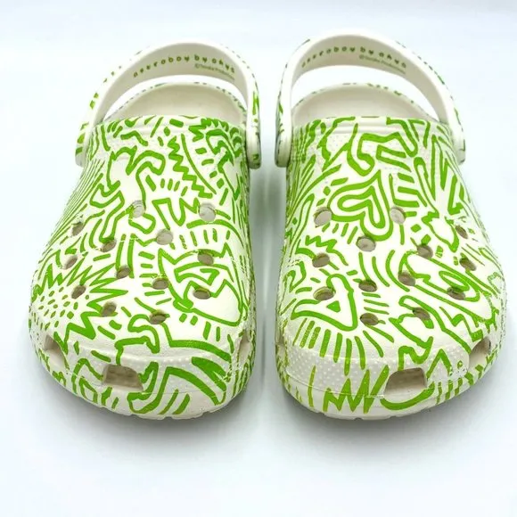Astroboy by Ohya CROCS Slip-On Clog Sandals White Green Print Women 8-9, Men 6-7
