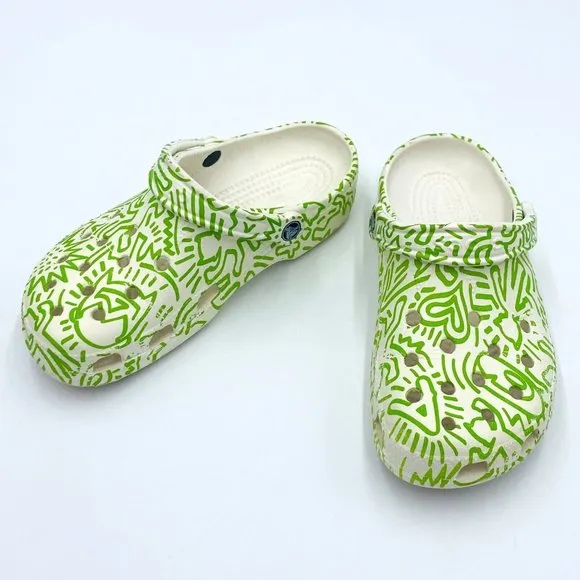 Astroboy by Ohya CROCS Slip-On Clog Sandals White Green Print Women 8-9, Men 6-7