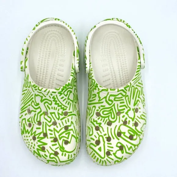Astroboy by Ohya CROCS Slip-On Clog Sandals White Green Print Women 8-9, Men 6-7