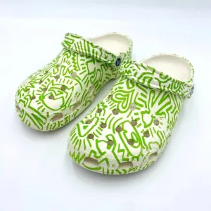 Astroboy by Ohya CROCS Slip-On Clog Sandals White Green Print Women 8-9, Men 6-7