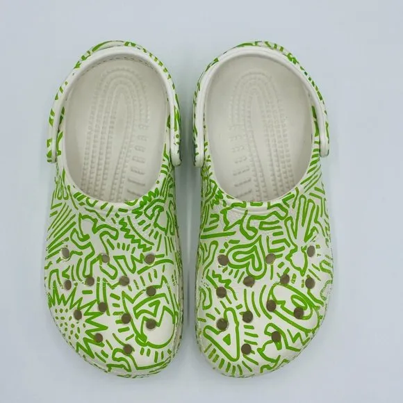Astroboy by Ohya CROCS Slip-On Clog Sandals White Green Print Women 8-9, Men 6-7
