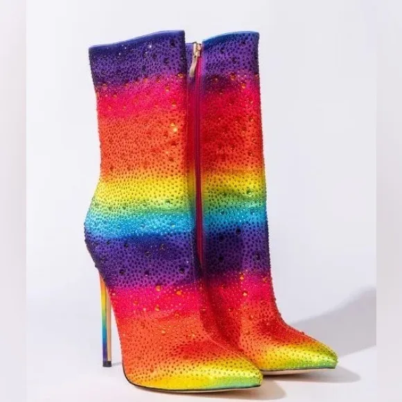 Azalea Wang Rhinestone Rainbow Embellished High Heel Boots