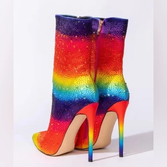 Azalea Wang Rhinestone Rainbow Embellished High Heel Boots
