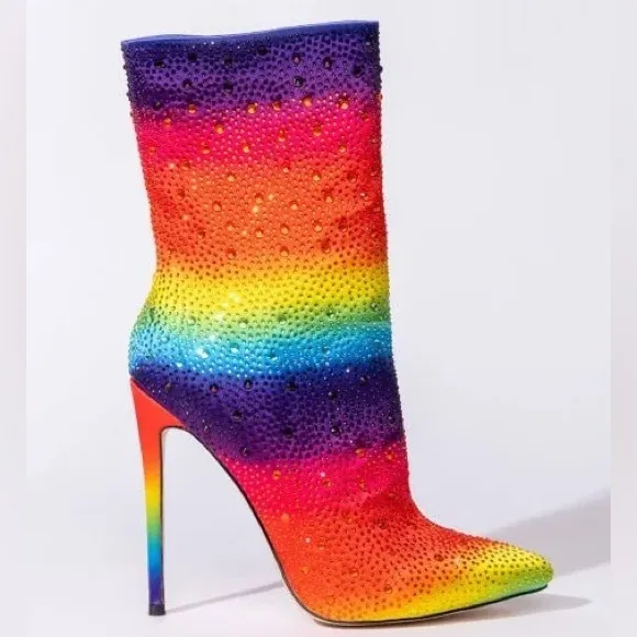 Azalea Wang Rhinestone Rainbow Embellished High Heel Boots