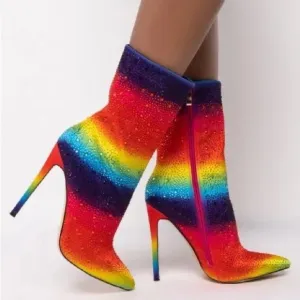 Azalea Wang Rhinestone Rainbow Embellished High Heel Boots