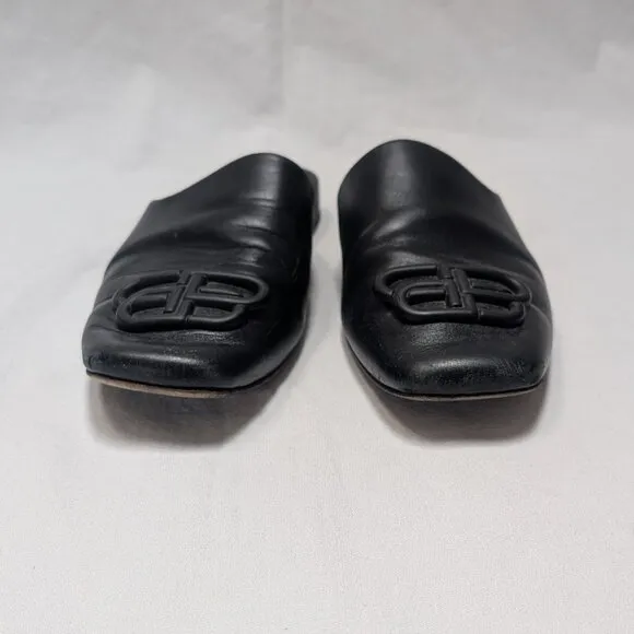 Balenciaga Women's Black Leather Square Toe Slides Mules Shoes Size 38 US 8