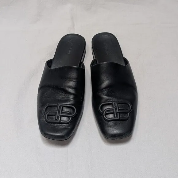 Balenciaga Women's Black Leather Square Toe Slides Mules Shoes Size 38 US 8