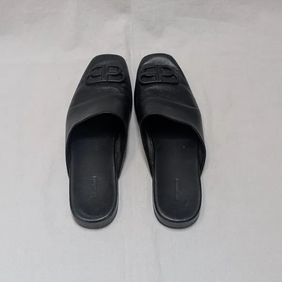 Balenciaga Women's Black Leather Square Toe Slides Mules Shoes Size 38 US 8