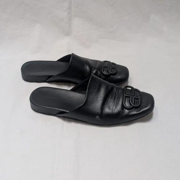 Balenciaga Women's Black Leather Square Toe Slides Mules Shoes Size 38 US 8