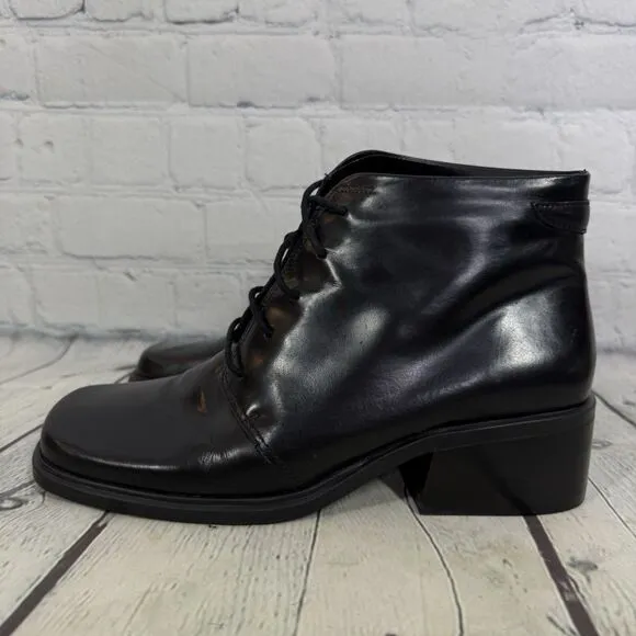Bandolino Booties Women Size 7 Black Leather Block Heel Square Toe Y2K Vintage