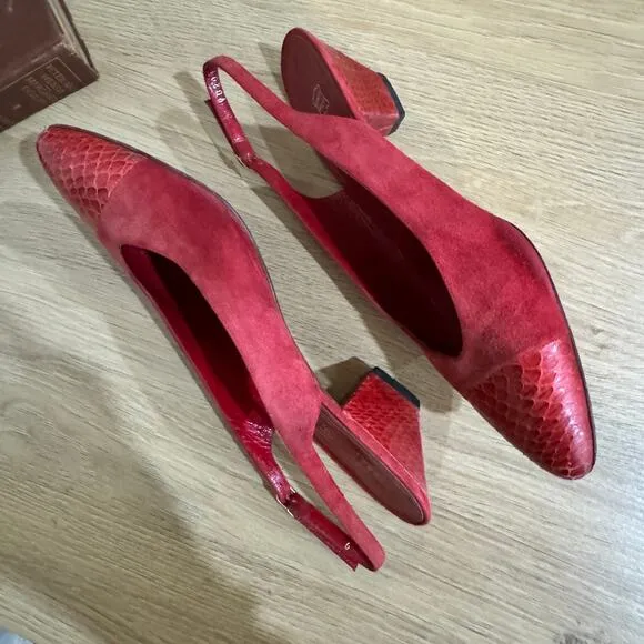 BBRUNO MAGLI Red VTG Pumps SZ 9 AA Cap Toe Slingback Heels Suede Snake Embossed