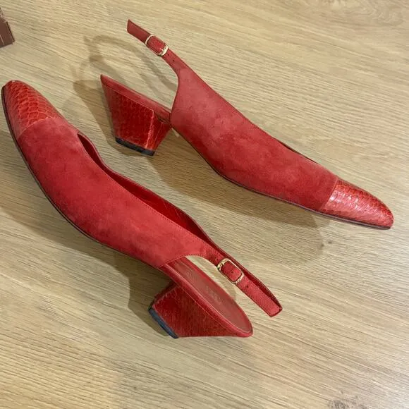 BBRUNO MAGLI Red VTG Pumps SZ 9 AA Cap Toe Slingback Heels Suede Snake Embossed