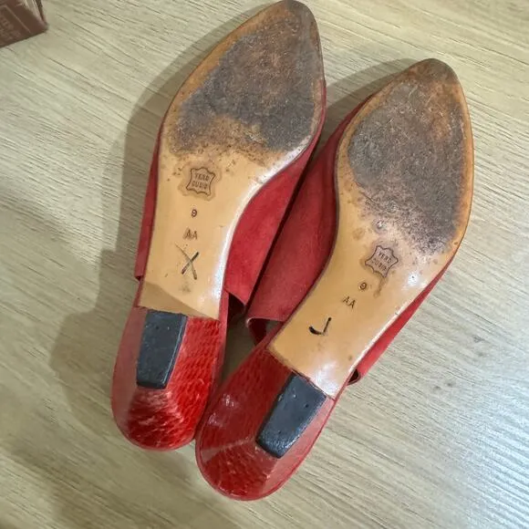 BBRUNO MAGLI Red VTG Pumps SZ 9 AA Cap Toe Slingback Heels Suede Snake Embossed