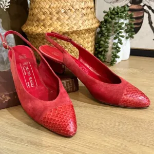 BBRUNO MAGLI Red VTG Pumps SZ 9 AA Cap Toe Slingback Heels Suede Snake Embossed