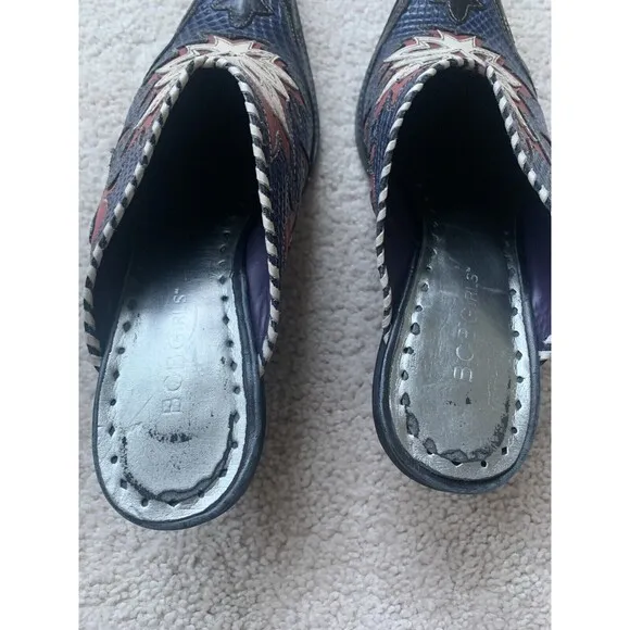 BCBGirls Leather Pointed Toe Western Mule Clogs Sz 7. Blue/Red/Black