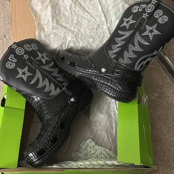 Black Croc-Embossed Cowboy Boots CROCS, Size Men’s 6 or Women’s 8