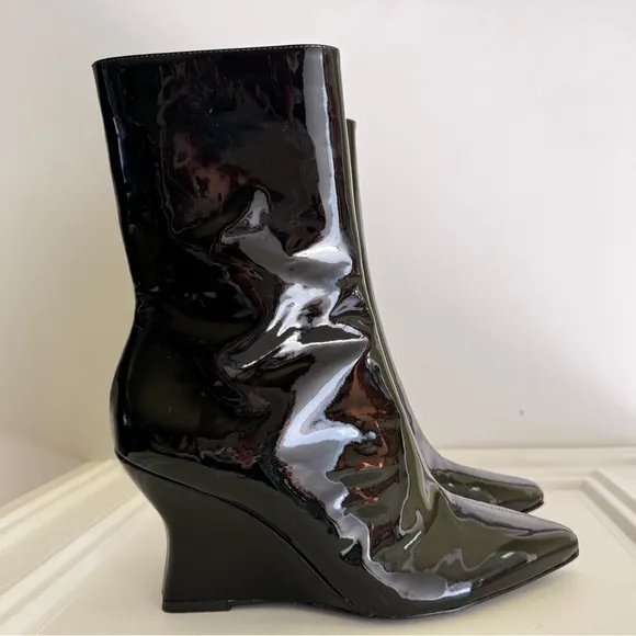 Black Suede Studio Lauren Patent Wedge Ankle Boots size 37 =7