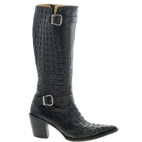 Botas Jaca Gator Cowboy Boots Black Leather Exotic Croc Women Pointed Square Toe