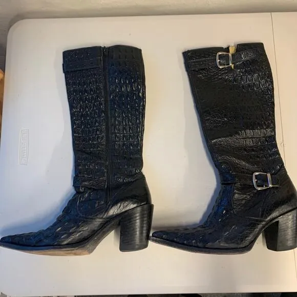 Botas Jaca Gator Cowboy Boots Black Leather Exotic Croc Women Pointed Square Toe