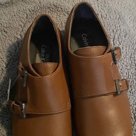 Brand New Mens Calvin Klein Brown Leather with Buckle Slip-On Shoes Size 8!