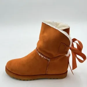 Brown Women Cute Winter Round Toe Comfy Low Heels Warm Fur Bows Ankle Snow Boots