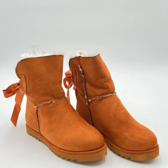Brown Women Cute Winter Round Toe Comfy Low Heels Warm Fur Bows Ankle Snow Boots