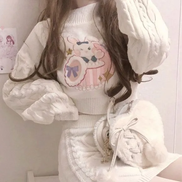 Bunny Heart Knit Crop Top Skirt Set | Women Sweater Dress Mini Set Kawaii Bunny