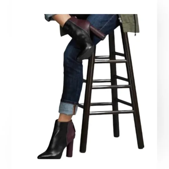 CAbi Leather Ankle Boots Block Heel Color-Block Side Zip Burgundy &amp; Black Sz 8.5