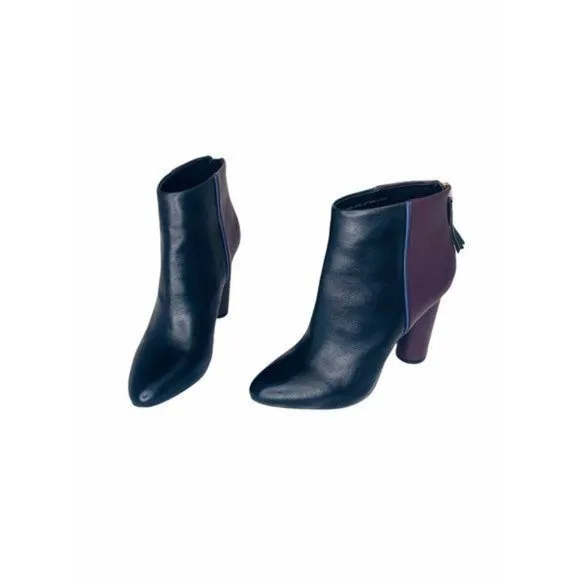 CAbi Leather Ankle Boots Block Heel Color-Block Side Zip Burgundy &amp; Black Sz 8.5