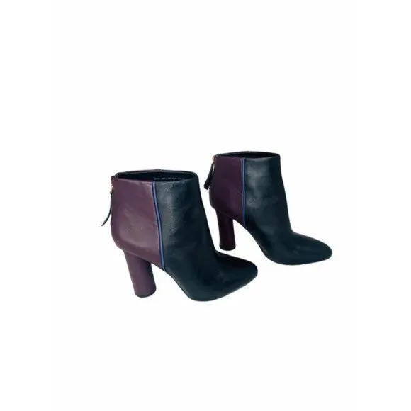 CAbi Leather Ankle Boots Block Heel Color-Block Side Zip Burgundy &amp; Black Sz 8.5