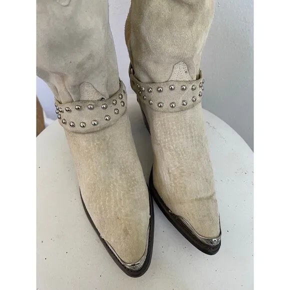 Capezio Women Vintage Cream Suede Harness Cowboy Boots  - Size 8.5M
