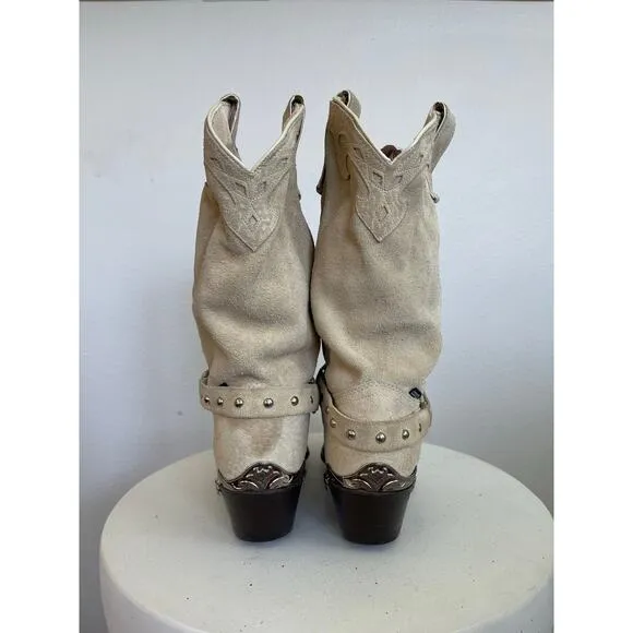 Capezio Women Vintage Cream Suede Harness Cowboy Boots  - Size 8.5M