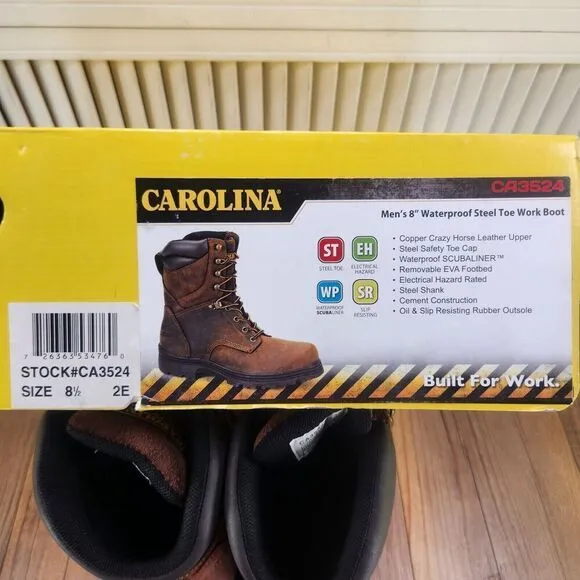 Carolina 8&quot; Waterproof Steel Toe Work Boots Men 8.5 EE Wide Brown Leather CA3524