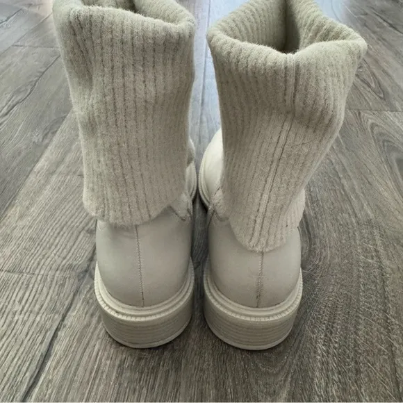 CHARLES &amp; KEITH Cream Ivory LEATHER FABRIC BLOCK HEEL MOTO BOOTS Size 37 Women