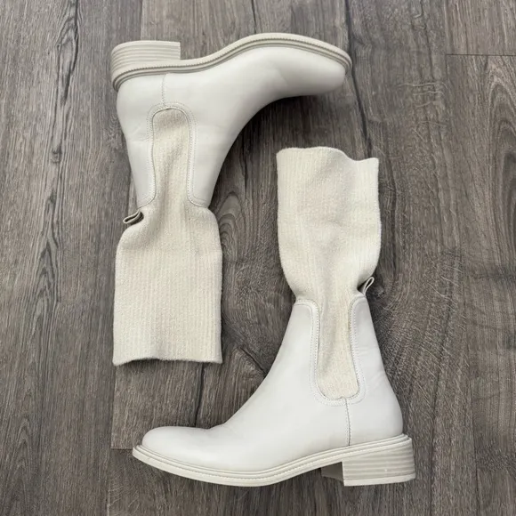 CHARLES &amp; KEITH Cream Ivory LEATHER FABRIC BLOCK HEEL MOTO BOOTS Size 37 Women