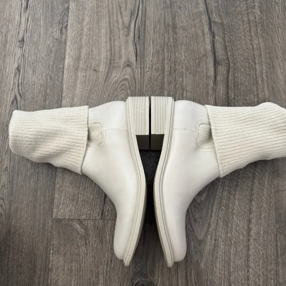 CHARLES &amp; KEITH Cream Ivory LEATHER FABRIC BLOCK HEEL MOTO BOOTS Size 37 Women
