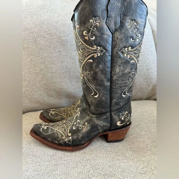 Circle G By Corral Women’s Black Crackle / Bone Embroidery Western Boots 6.5