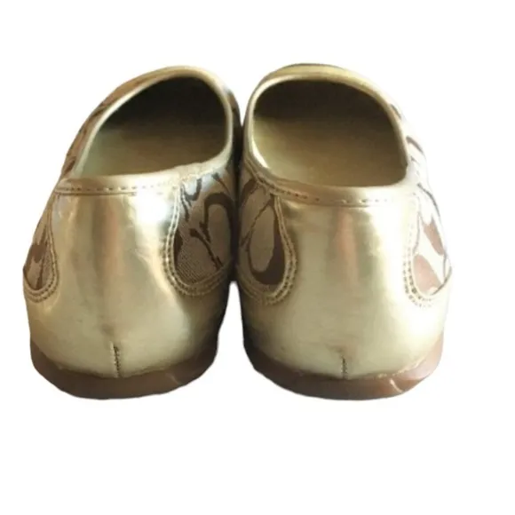 Coach Monogram Cecile Ballerina Slip On Flats Shoes Gold Leather Toes Size 6 NEW