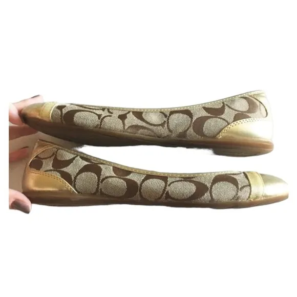 Coach Monogram Cecile Ballerina Slip On Flats Shoes Gold Leather Toes Size 6 NEW