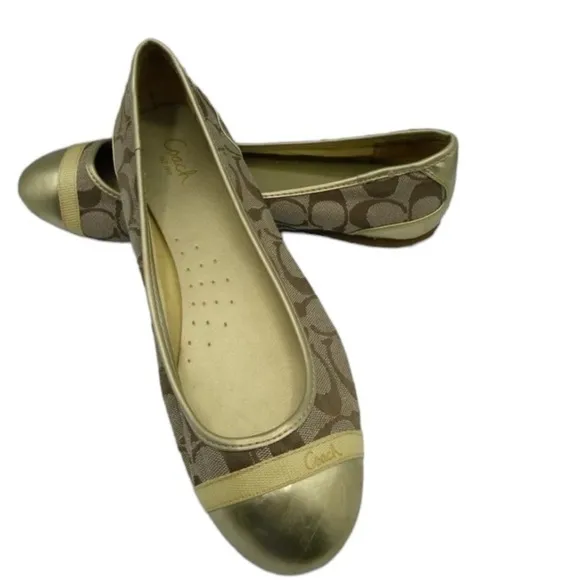 Coach Monogram Cecile Ballerina Slip On Flats Shoes Gold Leather Toes Size 6 NEW